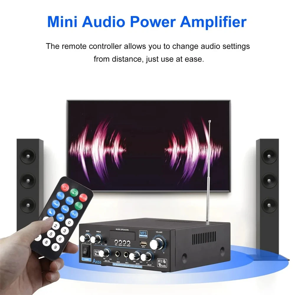AK55 HiFi Digital Amplifier Channel 2.0 Bluetooth Surround Sound AMP Max Power 90Wx2 Speaker for Home Car BT 5.0 Audio AMP