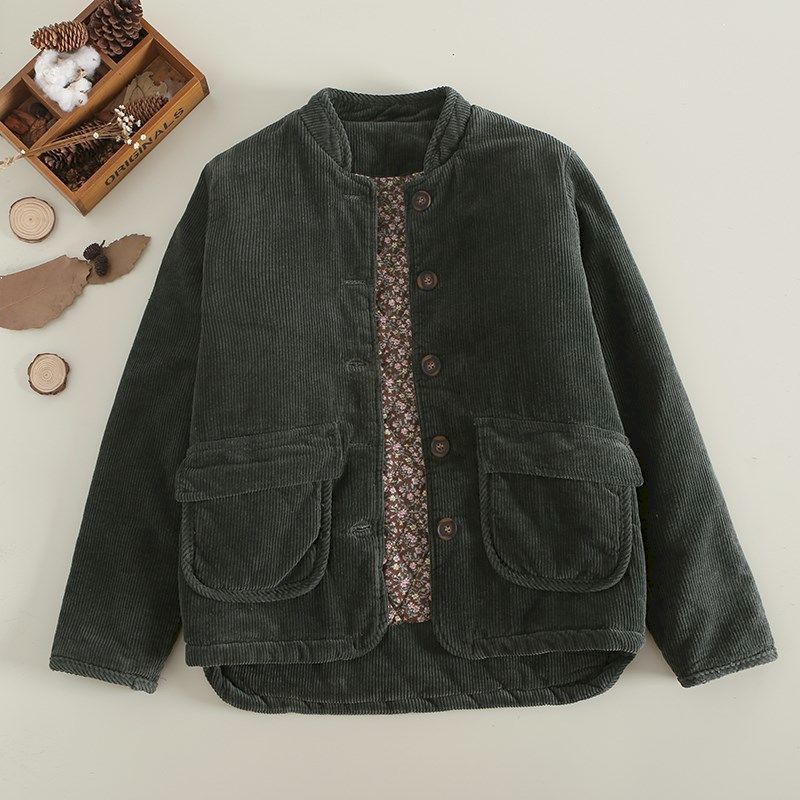 Parka de pana para mujer, abrigos cortos cálidos de tendencia de otoño e invierno, ropa de algodón con cuello levantado, chaqueta Vintage de una sola botonadura, abrigo para mujer