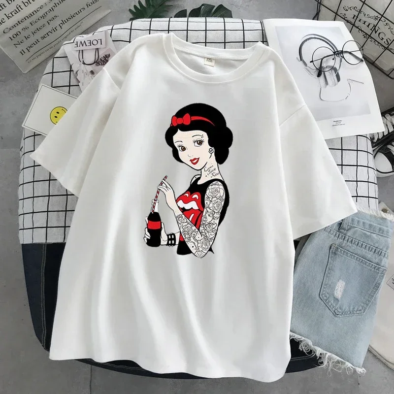 プリンセスプリント不思議の国のアリス女性 Tシャツトップス黒アリス白雪姫カジュアル半袖 Tシャツファムトップ Y2K