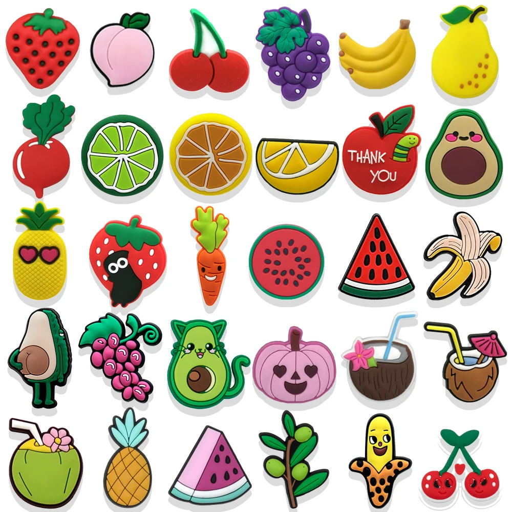1/30 Uds. Amuletos de zapatos de frutas, alfileres de limón, aguacate, sandía, plátano y coco para niñas, plantas para niños, decoraciones para zapatos, alfileres, accesorios