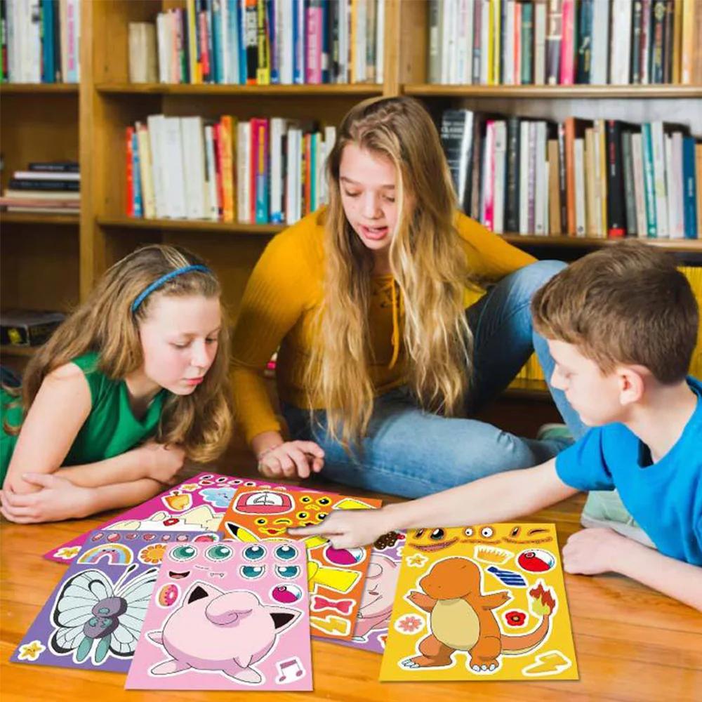 6/12 Lenzuola Pokemon Bambini Puzzle Anime Adesivi Make-a-Face Assemblare Divertente Cartoon Decal Assemblare Puzzle Per Bambini Ragazzo Giocattolo Regalo