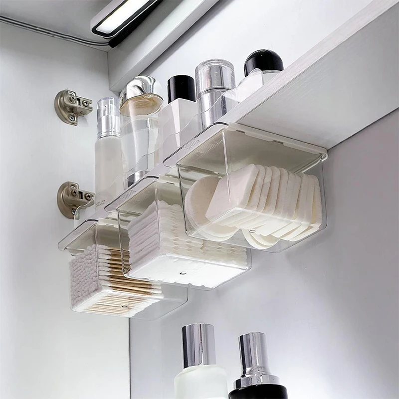Palo de algodón transparente para baño, caja de almacenamiento estilo cajón extraíble para baño, maquillaje de algodón, debajo del gabinete con espejo