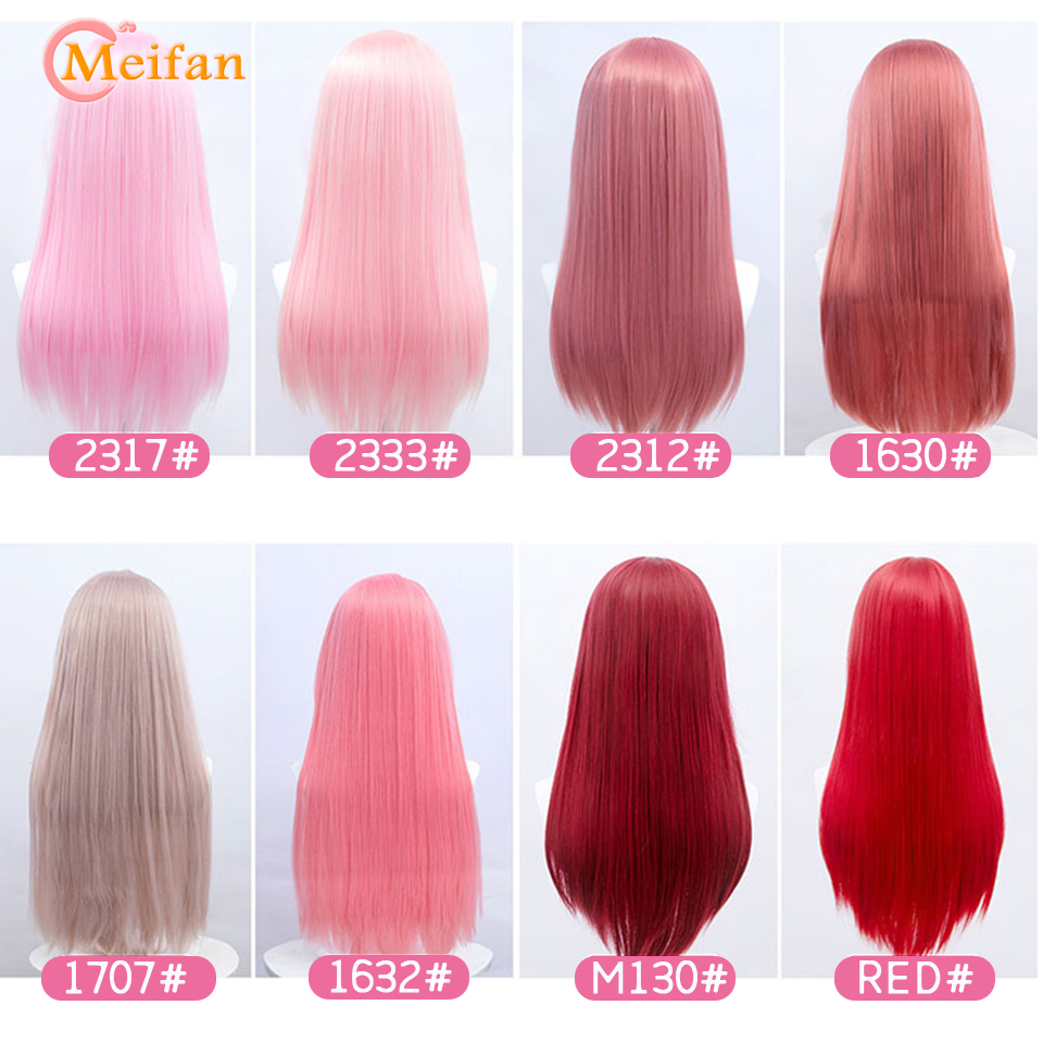 MEIFAN สีสังเคราะห์ยาวคอสเพลย์ Wigs 60ซม.Lolita วิกผมสีเขียวสีชมพูสีบลอนด์สีม่วงตรงวิกผมฮาโลวีน Party ทรงผม