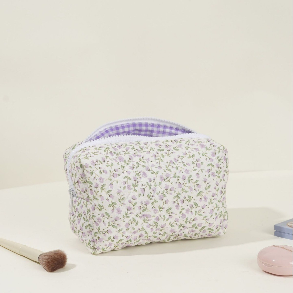 Storage Organizer Floral Puffy Quilted Makeup Bag Flower Printed Cosmetic Pouch Large Travel Cosmetic Bag Makeup Accessory