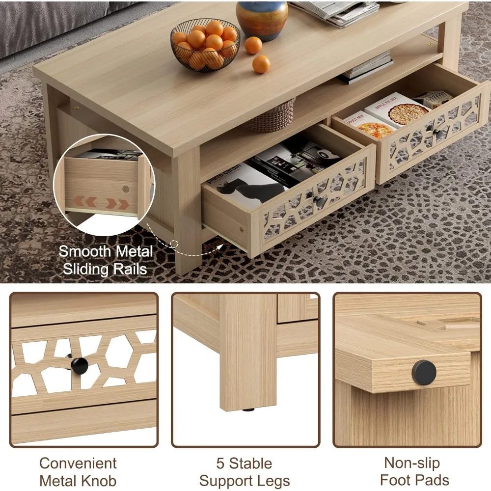 Mesa de centro de 2 niveles, mesa central rectangular de 46,5" con diseño de espejo acrílico, mesa de madera con tablero grande, estante abierto,