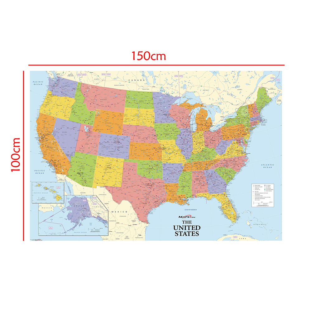 詳細付き米国地図、不織布キャンバス絵画、壁アートポスター、学用品、家の装飾、150x100cm