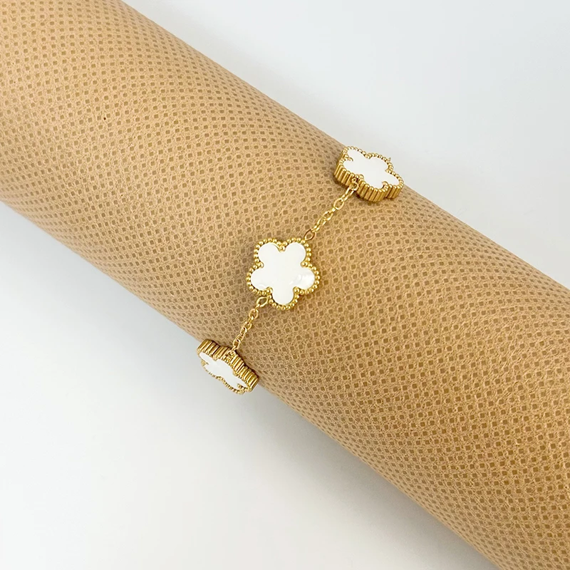 ปรับสร้อยข้อมือสแตนเลสสองด้านสร้อยข้อมือห้ากลีบดอกไม้ Gold Plated Clover ผู้หญิงแฟชั่นเครื่องประดับ