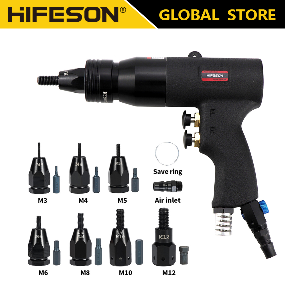 HIFESON Pistolas de porca de rebite pneumáticas com travamento automático Inserir rosca Pull Setter Rebitadores para porcas de alumínio e ferro