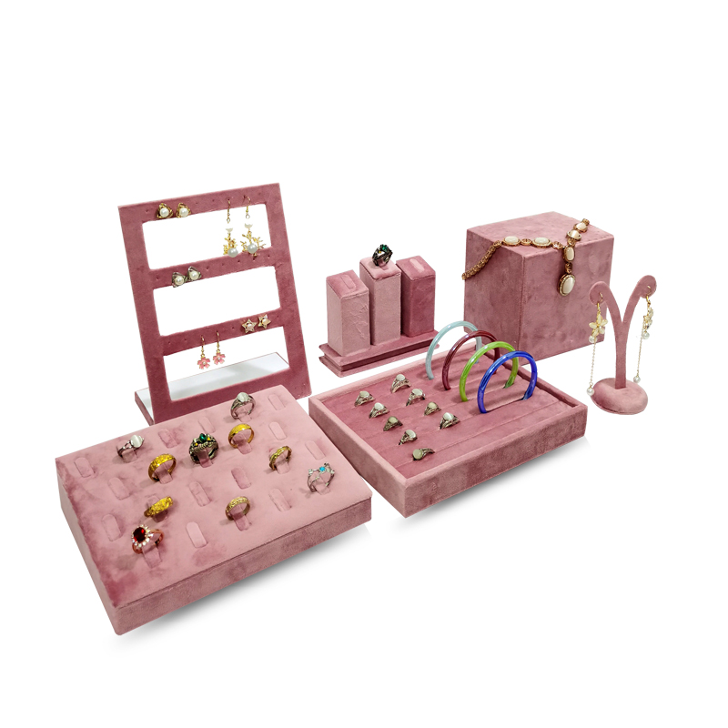 High End กํามะหยี่สีชมพูเครื่องประดับ Props แหวนต่างหูสร้อยคอสร้อยข้อมือถาด Organizer เครื่องประดับ Store หน้าต่าง
