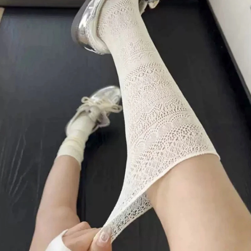 1 par feminino rendas aparadas joelho meias altas verão oco design leve respirável macio confortável meias casuais