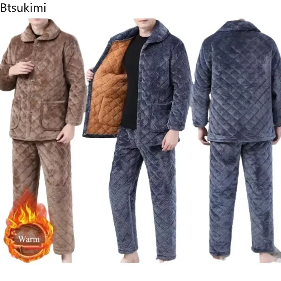 Conjunto de pijama grueso de tres capas para hombre, ropa de dormir cálida de lana Coral acogedora para el hogar, acolchado de algodón, dos piezas, novedad de invierno