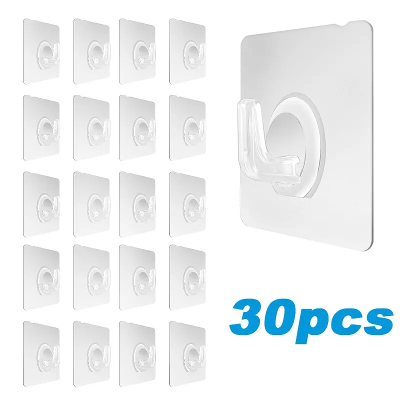 30PCS Wall Hooks Transparent Strong Self Adhesive Key Towel Door Wall Hanger Hanging Kitchen Bathroom Accessories Hooks