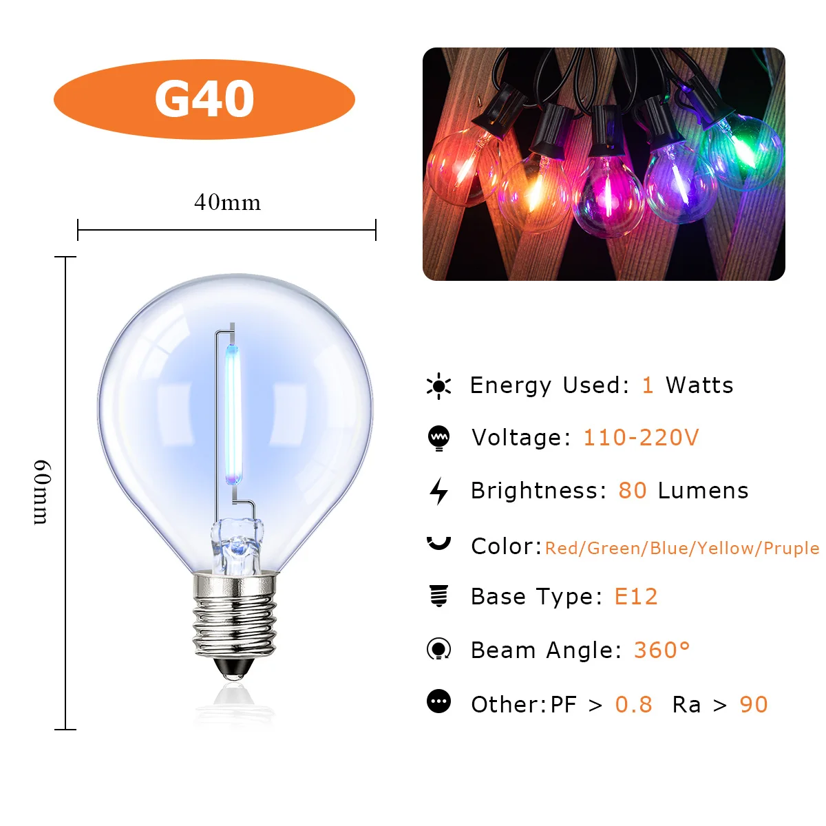 Waterproof String Light G40 Led Colored Filament Bulbs 1W E12 RGB EU US Plug Connectable Birthday Garden Fairy Party Decorations