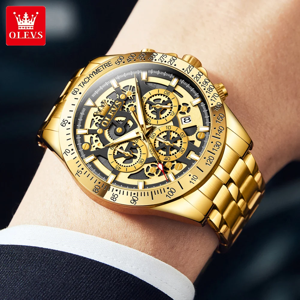 OLEVS Lxuxry marca relojes dorados para hombre reloj de pulsera cronógrafo de acero inoxidable con esqueleto completo reloj de cuarzo luminoso resistente al agua para hombre