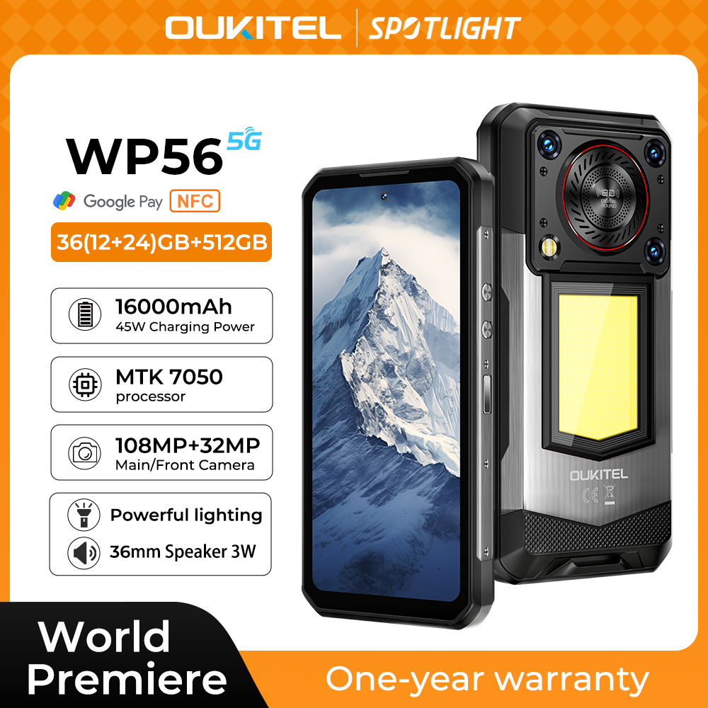 OUKITEL WP56 teléfono resistente 16000mAh 45w 36GB + 512GB 6,8 "FHD 120Hz teléfono móvil MTK7050 32MP + 108MP android 15 teléfono inteligente