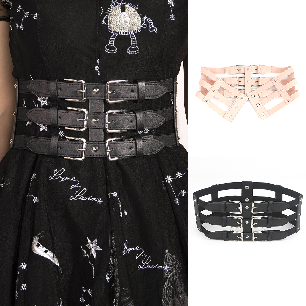 Black pink Three-Row Elastic Belts For women Lady silver Pin Buckle Vintage Girdle Corset PU Leather Bustier Gothic Commerbund