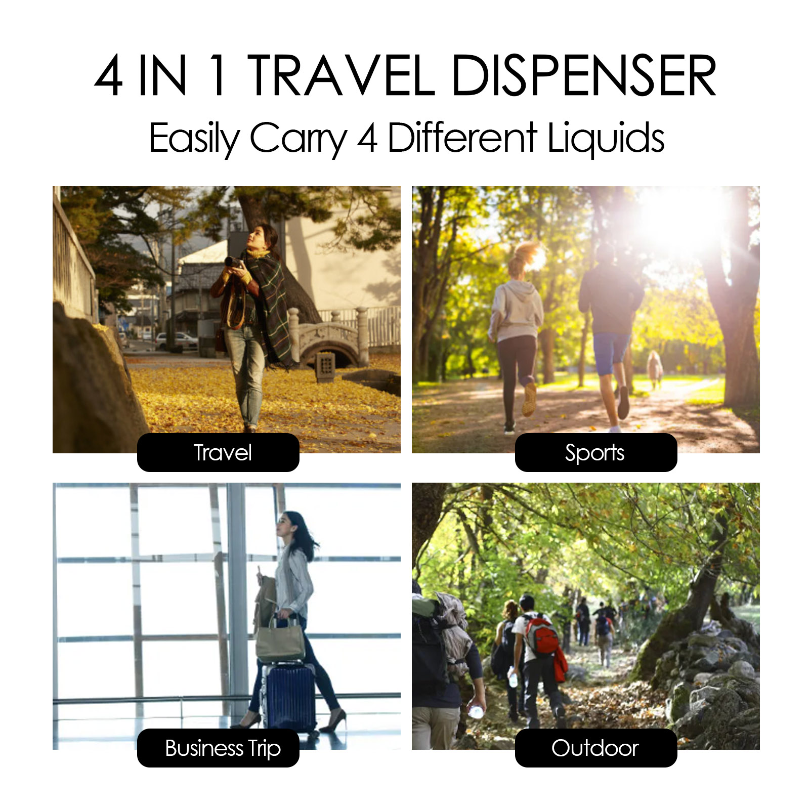 Botella dispensadora de líquidos 4 en 1 para viaje, contenedor de prensa vacío para Perfume, champú, acondicionador y loción, 40ml