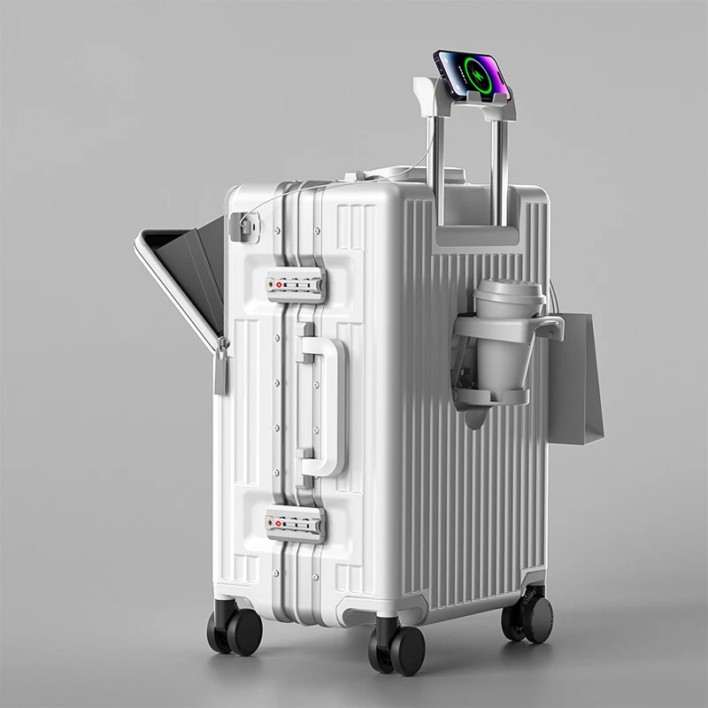 Neues Front öffnungs gepäck 24 Zoll USB Multifunktion koffer 20 Boarding Trolley Koffer 26 Zoll große Kapazität mit Getränke halter
