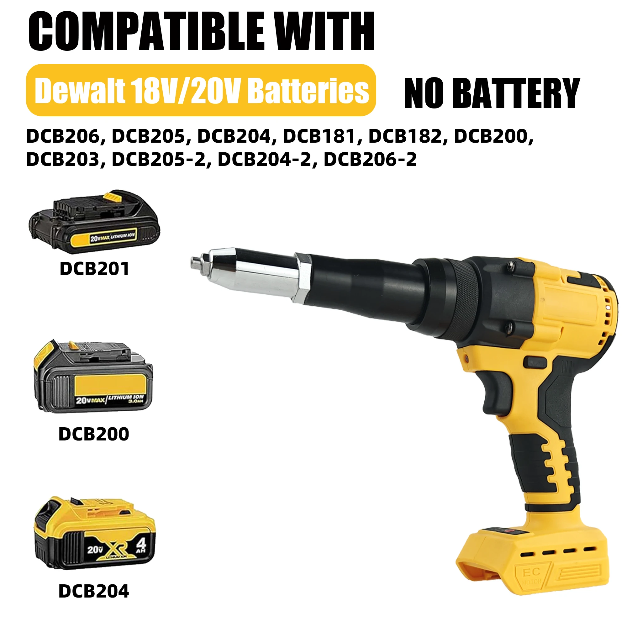 Pistolet à rivets électrique sans balais 2.4mm-4.8mm, outil manuel à rivets automatique avec lumière LED (piles non incluses)