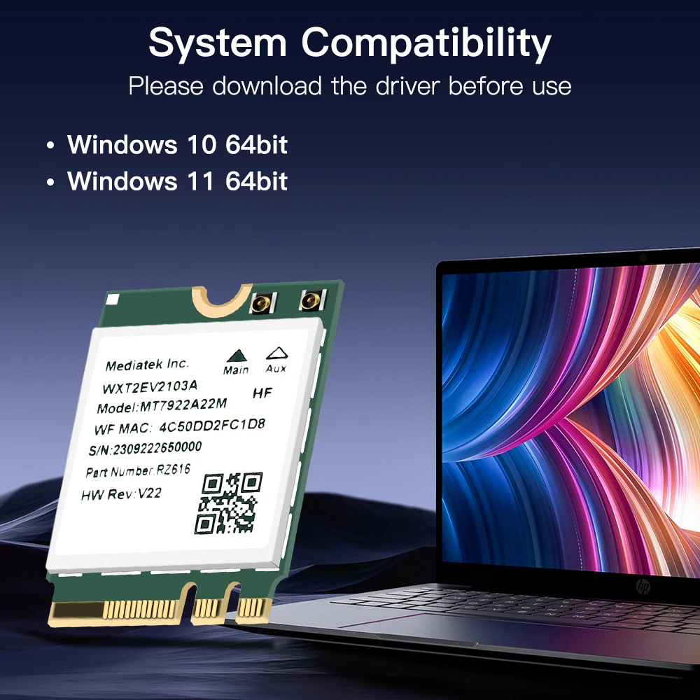 Беспроводная карта Wi-Fi 6E MT7922 M.2 5374 Мбит/с Сетевой адаптер Bluetooth 5.2 802.11ax 2,4G/5G/6 ГГц MediaTek MT7922 MU-MIMO Win 10 11