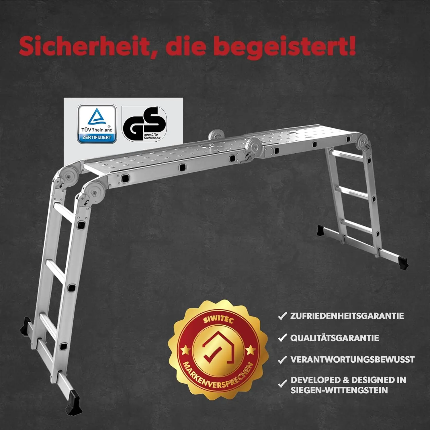Scala multiuso: 4x3 gradini, 2 piastre per ponteggi, scala a pioli fino a 150 kg, scala a gradini, alluminio, 12 gradini, tfuv/GS certifi