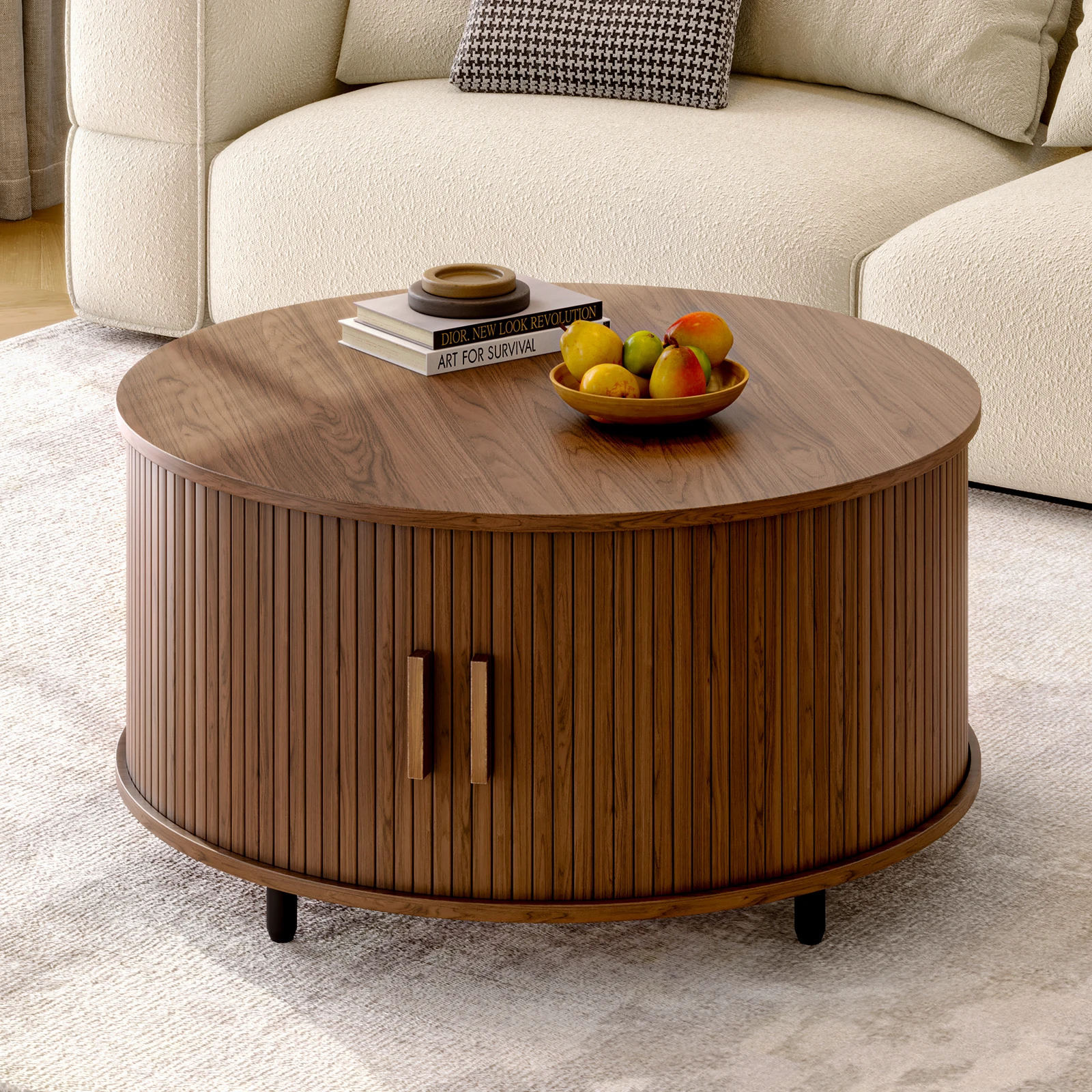 Mesa de centro redonda com armazenamento, mesa de centro de 51,5" com 360 °   Porta deslizante curvada, mesa de centro com detalhes em madeira dobrada