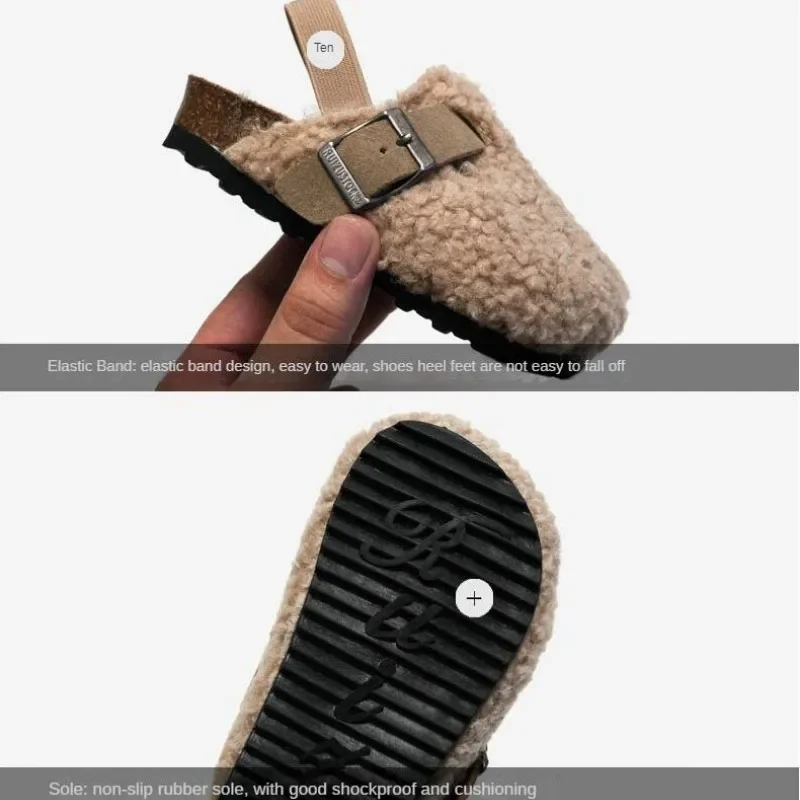 Tamancos elásticos de lã para crianças, chinelos de pelúcia para bebês meninos e meninas, sapatos quentes de sola macia para inverno, calçados antiderrapantes