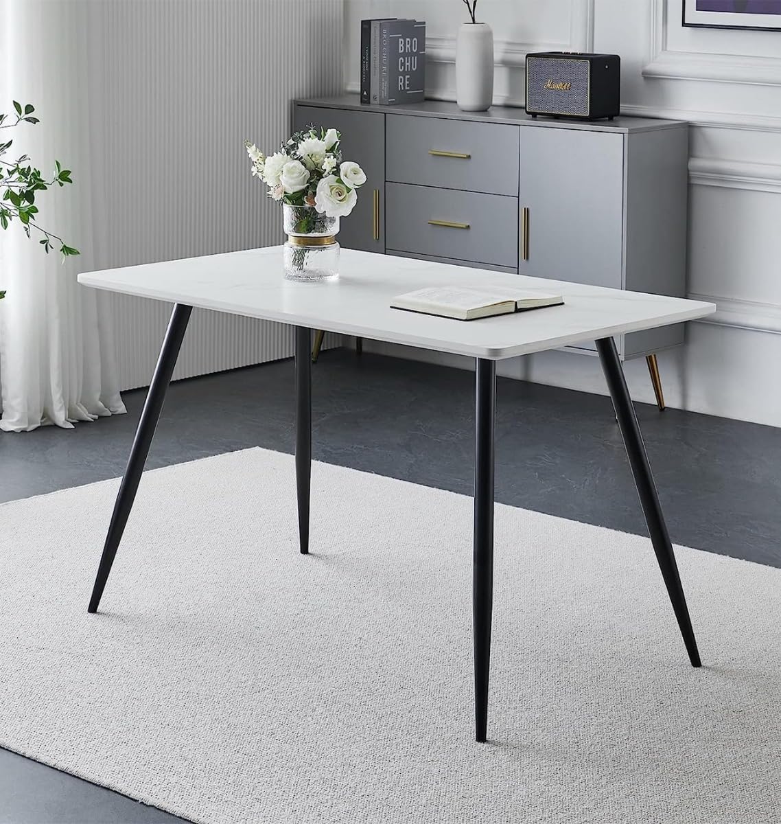 Furniture Cullompton Small Table, Rectangular Dining Table, Kitchen Table with White Marble Effect Top and Black Legs,