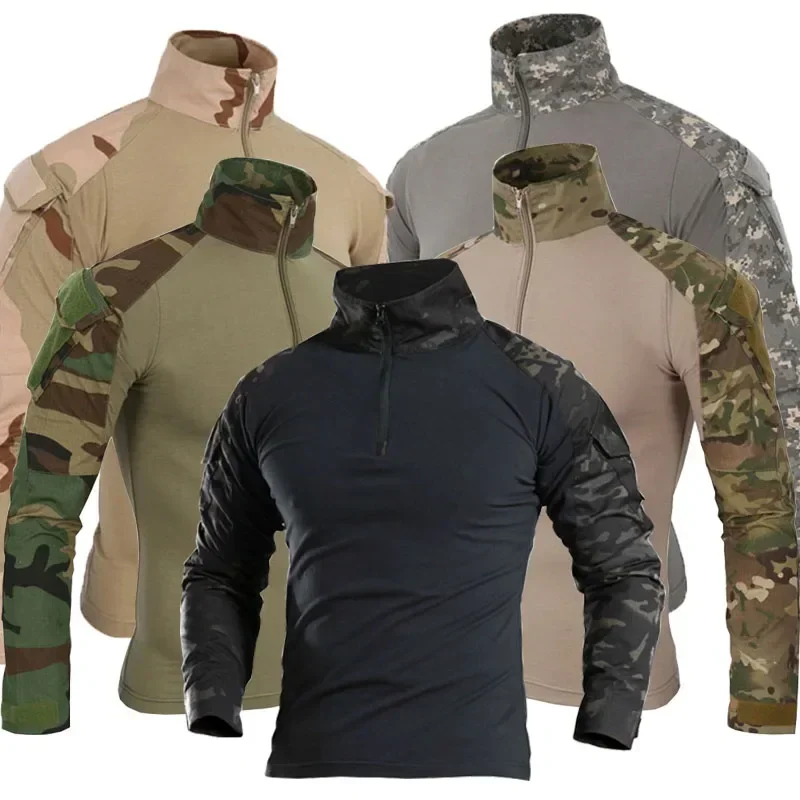 Camisa tática camuflada masculina, manga longa, soldados, combate, camiseta de algodão, uniforme masculino, camisas airsoft