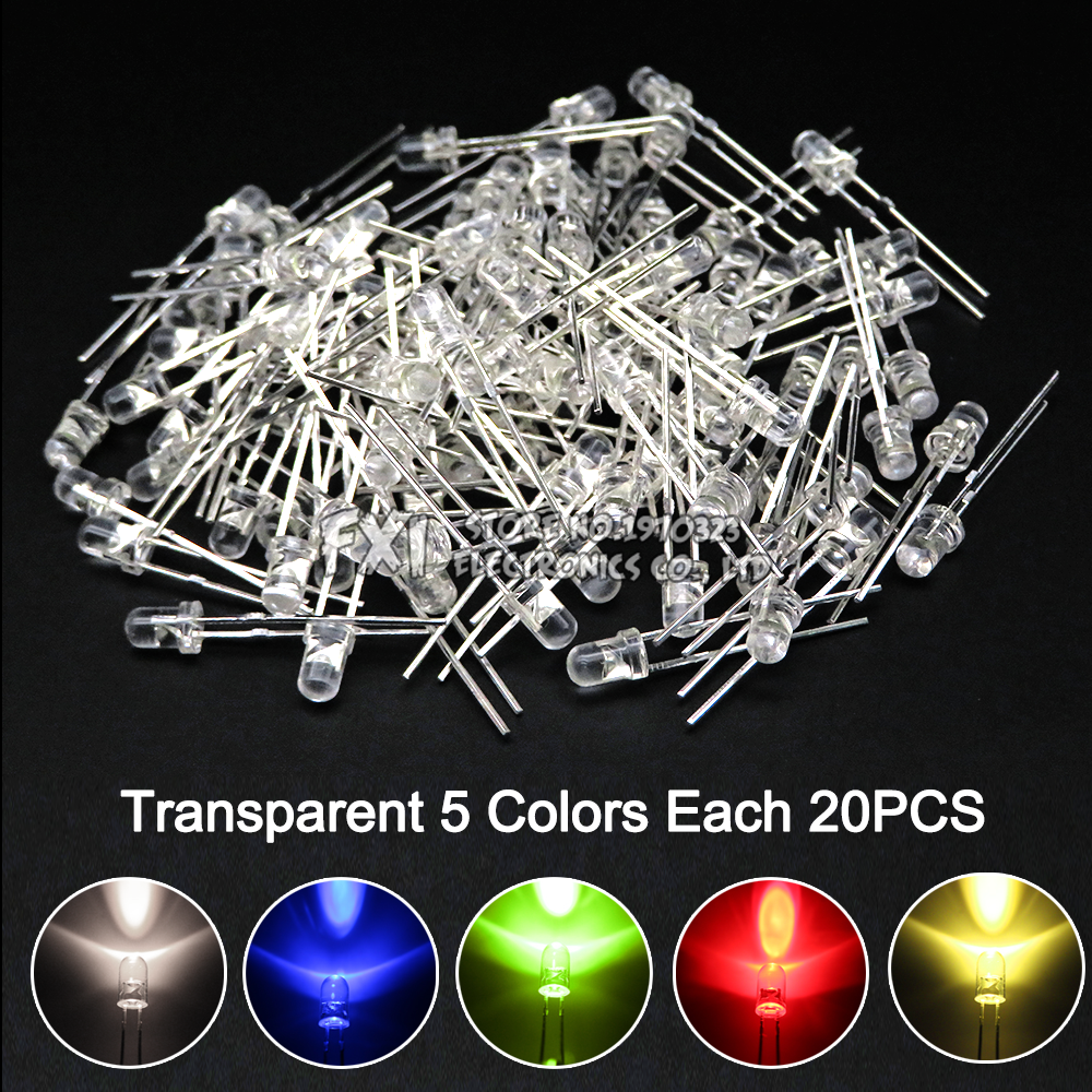 Kit assressentide diodes électroluminescentes, F3 LED, 3mm, blanc, vert, rouge, bleu, jaune, orange, rose, violet, chaud, bricolage, BXV, 100 pièces