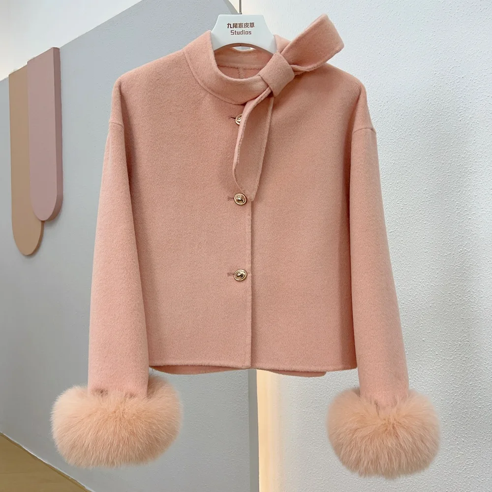 Oftbuy 2024 novo inverno real natural pele de raposa manguito casaco senhoras outwear casaco feminino cashmere lã jaqueta de luxo