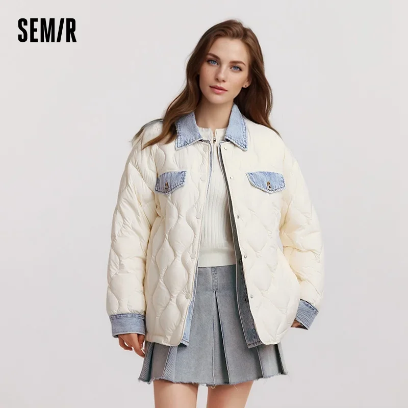 Semir jaqueta feminina de comprimento médio impermeável à prova de óleo mancha retalhos 2025 novo inverno solto outerwear para baixo casaco