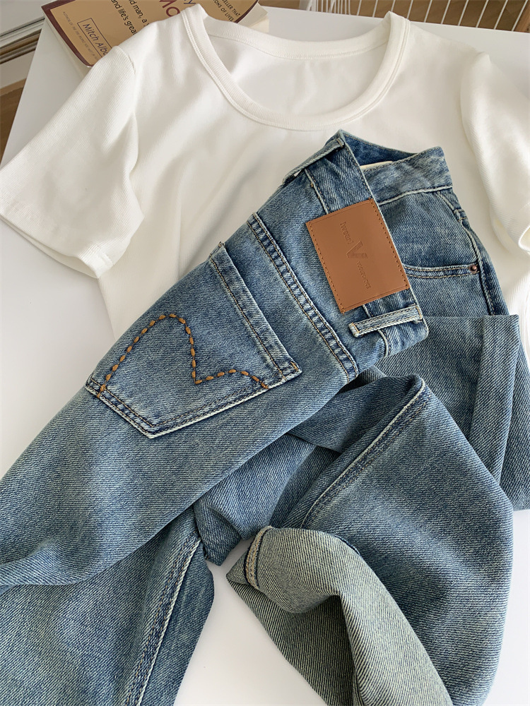 สูงเอวตรงกางเกงยีนส์ผู้หญิงฤดูใบไม้ผลิ Relaxed Slim ปักกางเกงขาม้า