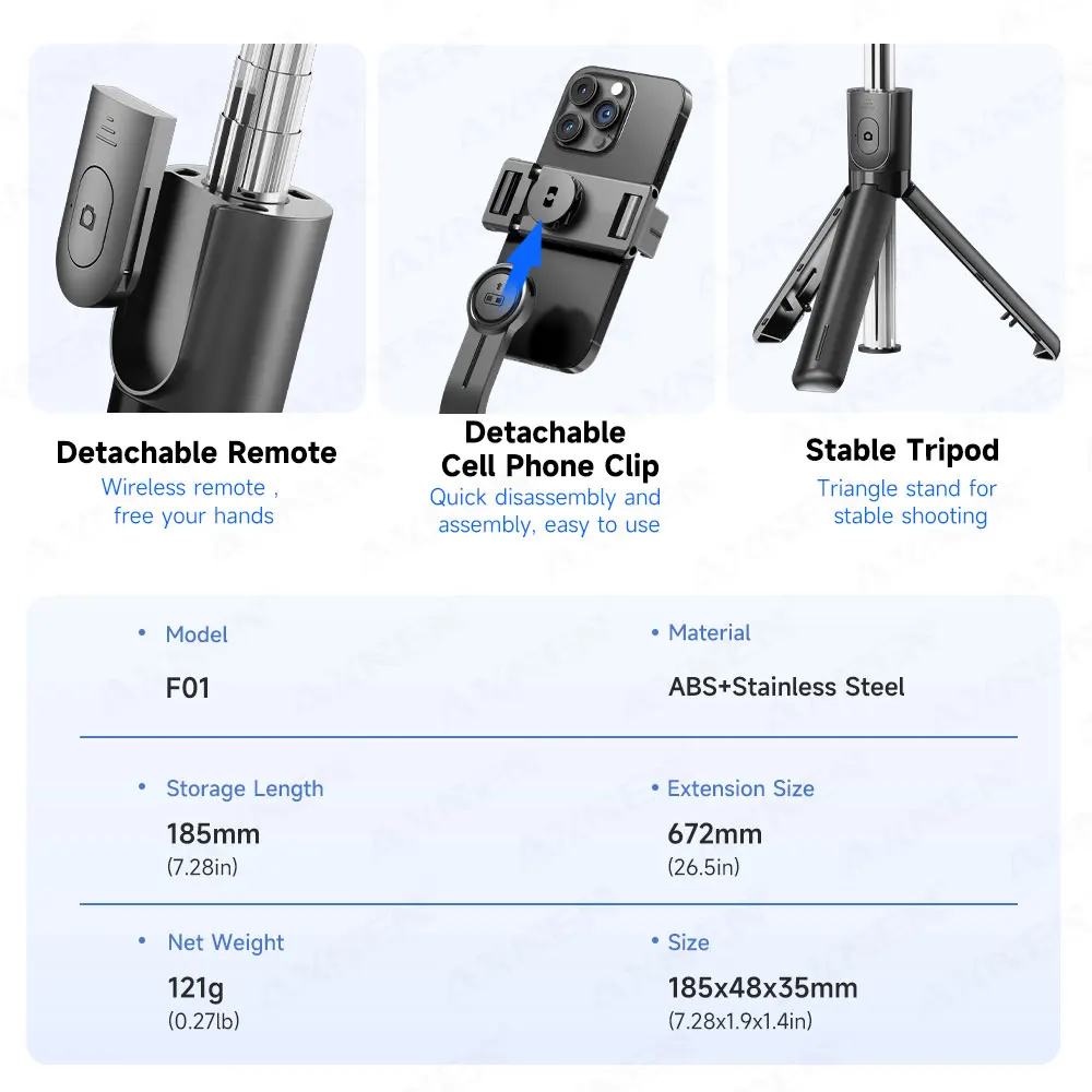 Trípode selfie stick con control remoto Bluetooth desmontable, 360 °   Rotación, poste extensible, opción de luz de relleno, para teléfono iPhone Android