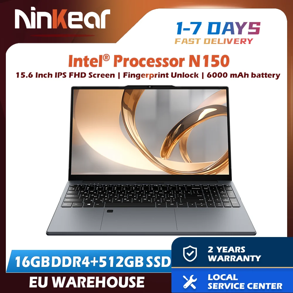 Ninkear-laptop N15 Air 15,6" FHD IPS 16GB DDR4 512GB SSD Intel N150 180 °   Flip met vingerafdruk ontgrendelen toetsenbord met achtergrondverlichting Windows11