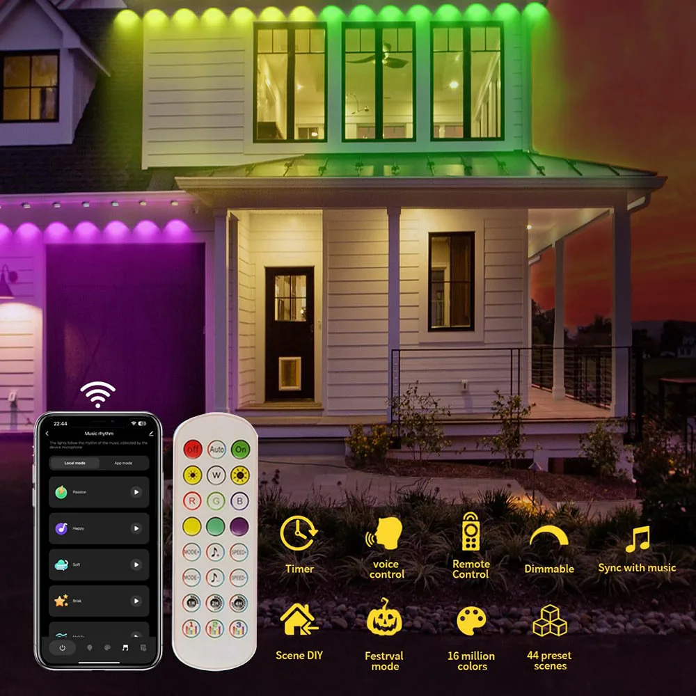 Eave Light Stringa di luce a LED per esterni APP Bluetooth RGB IC Striscia luminosa Impermeabile Scena fai-da-te Colore Tutta la casa Festa Luce di nozze