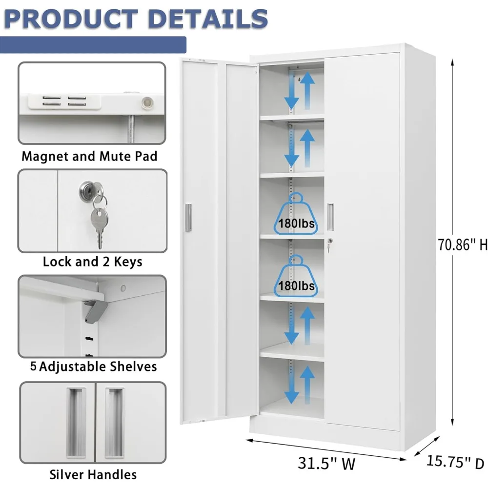 "Metal Storage Cabinet, 71”H with 5 Adjustable Shelves & Locking Door – Steel Cabinet for Garage, Home & Office Organization"