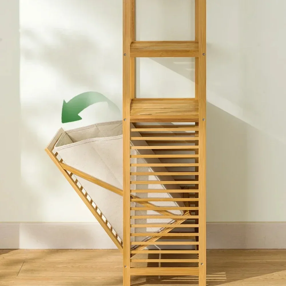 Cesto per la biancheria con ripiano con cestino inclinabile Cesto portaoggetti in legno a 3/4 livelli Portaoggetti da bagno Cesto per la biancheria in bambù multifunzione