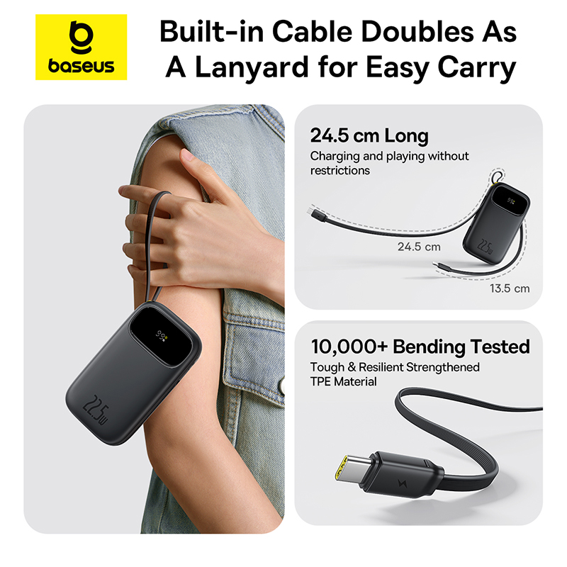 Baseus 22.5W 10000mAh 20000mAh Power Bank Built-In Retractable USB-C & Lightning Cable for iPhone 16 Samsung S25 Xiaomi Poco