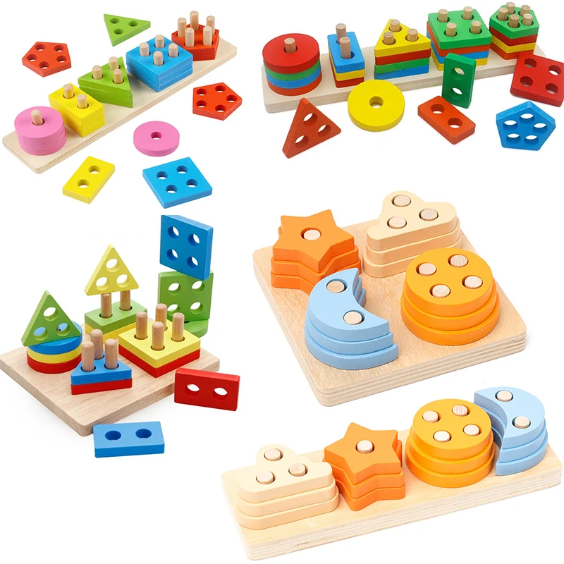 Juguetes educativos de madera Montessori para niños de 1 a 2 años, rompecabezas de bloques clasificadores de colores con forma de bebé, juguetes apilables geométricos grandes para niños pequeños
