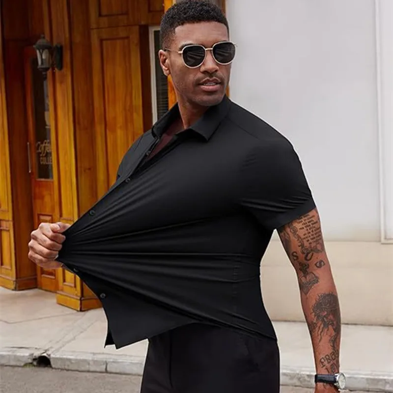Camicie da lavoro estive di alta qualità per uomo Manica corta con bottoni Elasticità senza pieghe Camicie eleganti da ufficio nere sociali Taglia USA