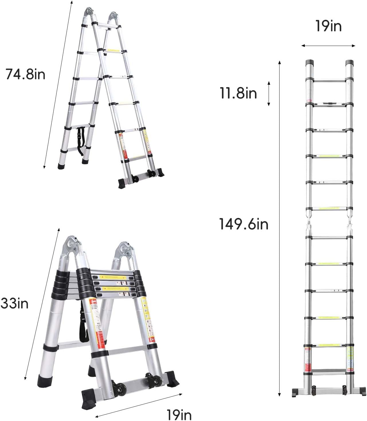 Scala telescopica da 3.8m con bilanciere, ruote mobili, per uso domestico ed esterno, design pieghevole multiuso.
