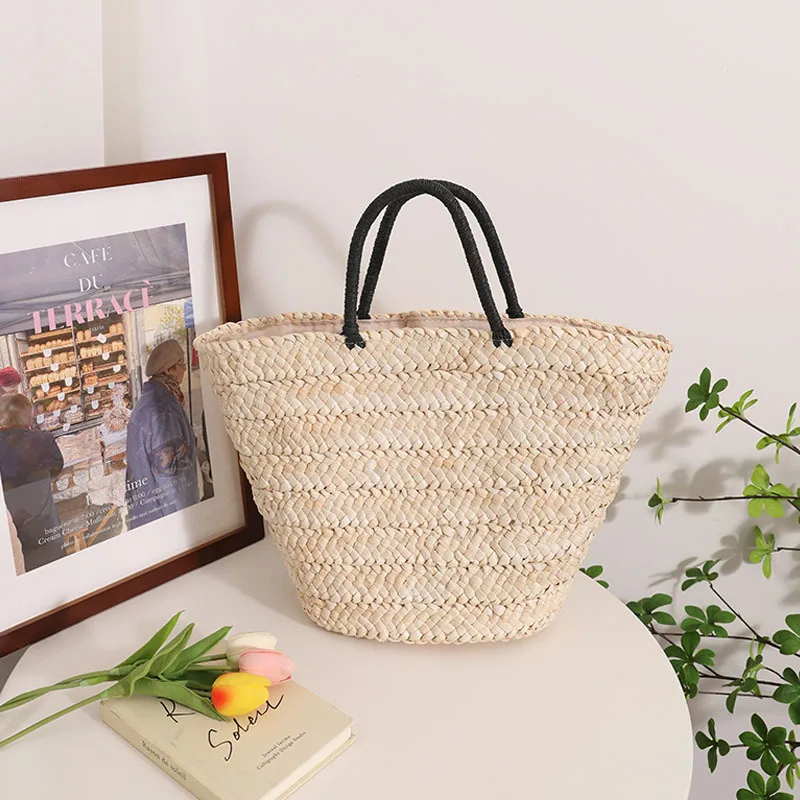 New Style Retro Webbing Decorated Wheat Straw Straw Bag Travel Beach Handbag