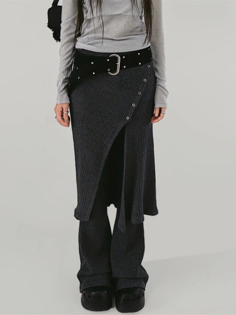 ストリートスタイルニットカジュアルハイウエストバイカラーハーフレングススカートパンツ2点セットボタンディテールとタッセルトリム付き