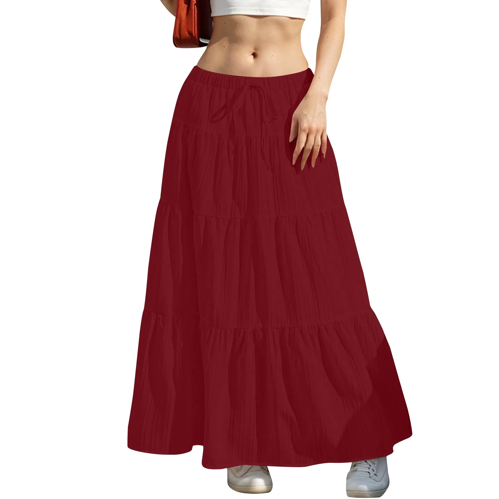 ผู้หญิง Flared Ruffle Hem Maxi กระโปรงแฟชั่นผู้หญิงกระโปรงยาว Elastic เอวกระโปรงยาวฤดูใบไม้ผลิฤดูร้อนชุดเค้ก
