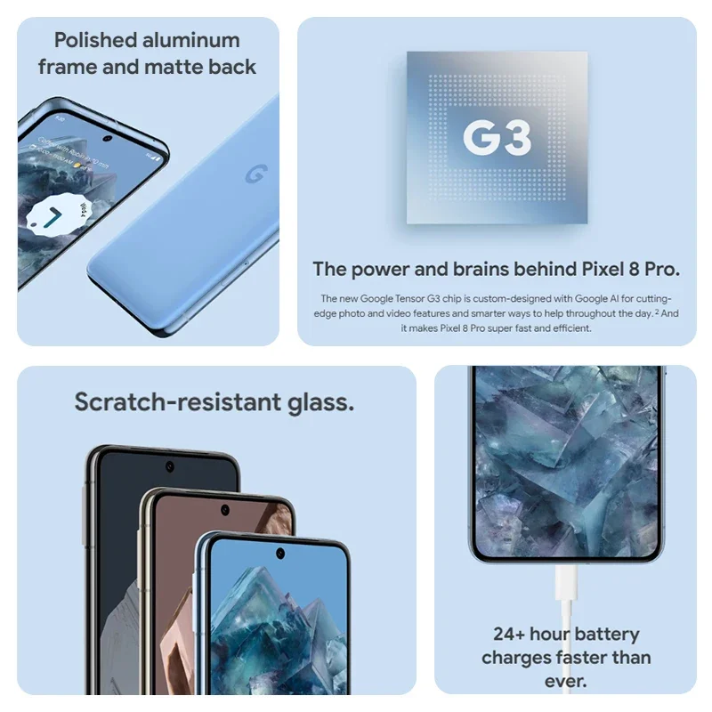 Google Pixel 8 Pro 5G Smartphone Google Tensor G3 6,7" NFC Android 14 IP68 staub-/wasserbeständige 50-MP-Kameras Globale Version