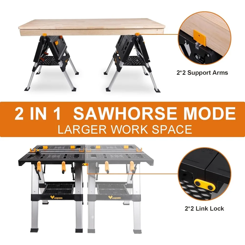 Portable Workbench & Sawhorse, 440Lbs/1000Lbs Capacity Heavy Duty Folding Work Table, 21.5"-32.5" Adjustable Height with Clampin
