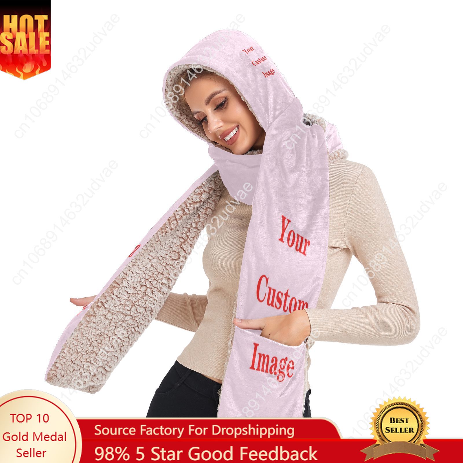 Custom Image Ear Hat Scarf Winter Warm Women Siamese Hoodie Gloves Pocket Earflap Hat Plush Long Scarf Shawl Wraps 2022 NEW