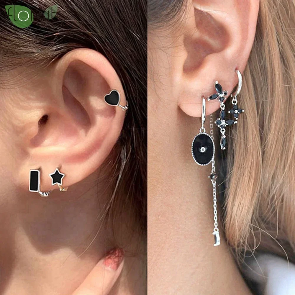 925 เงินสเตอร์ลิงเข็มแฟชั่นสีดําZirconจี้ต่างหูใหม่รอบ/Crossต่างหูห่วงขนาดเล็กสําหรับผู้หญิงเครื่องประดับเจาะ