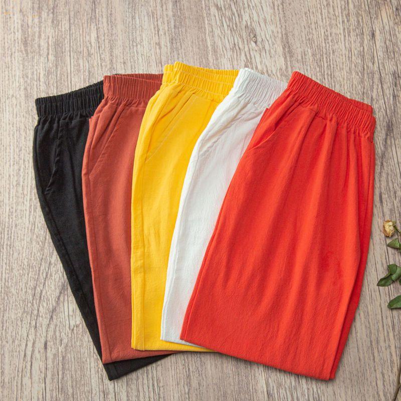 Pantalones de lino y algodón con cintura elástica, Harem holgado informal de verano para mujer, pantalones noveno